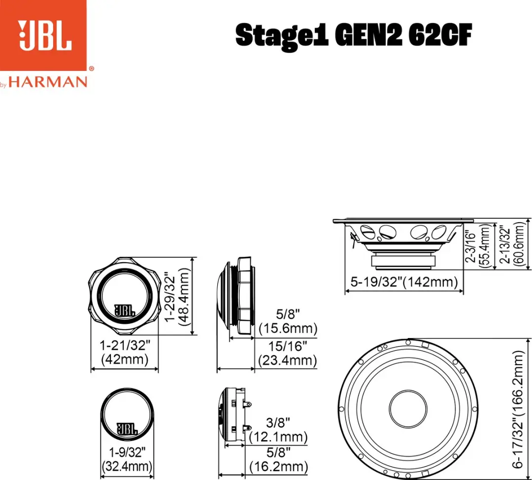 JBL Stage1 Gen2 62CF Autospeakers 16,5cm - 640W - 2-weg Composiet - Zwart Orange
