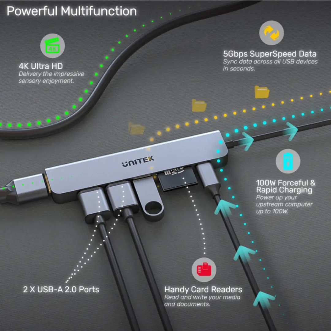 Unitek H1118A USB-C Hub 7w1 - Grijs