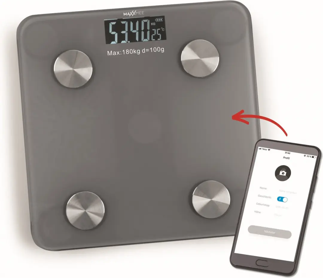 Maxxmee Personenweegschaal Bluetooth - 180kg - 8 Personen - Grijs