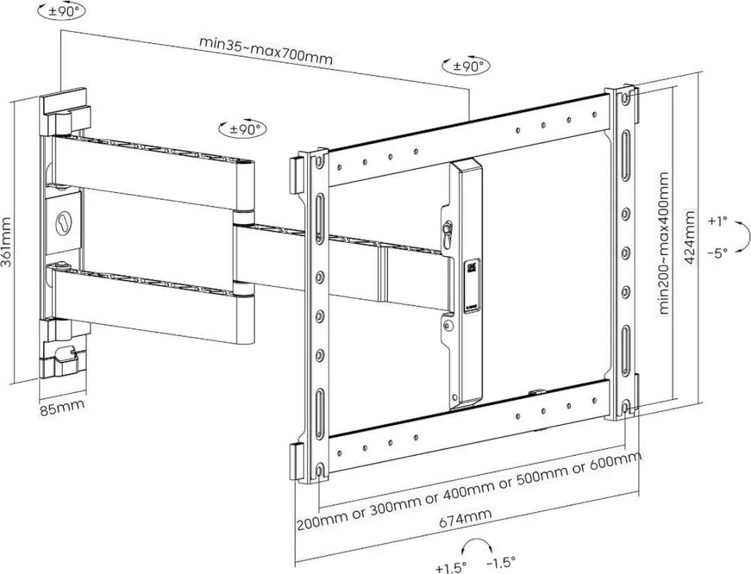 One For All WM6654 Ultra Slim TV-Beugel - Draai- en kantelbaar - 32-90" - 40kg - VESA 600 - afbeelding 6 van 6