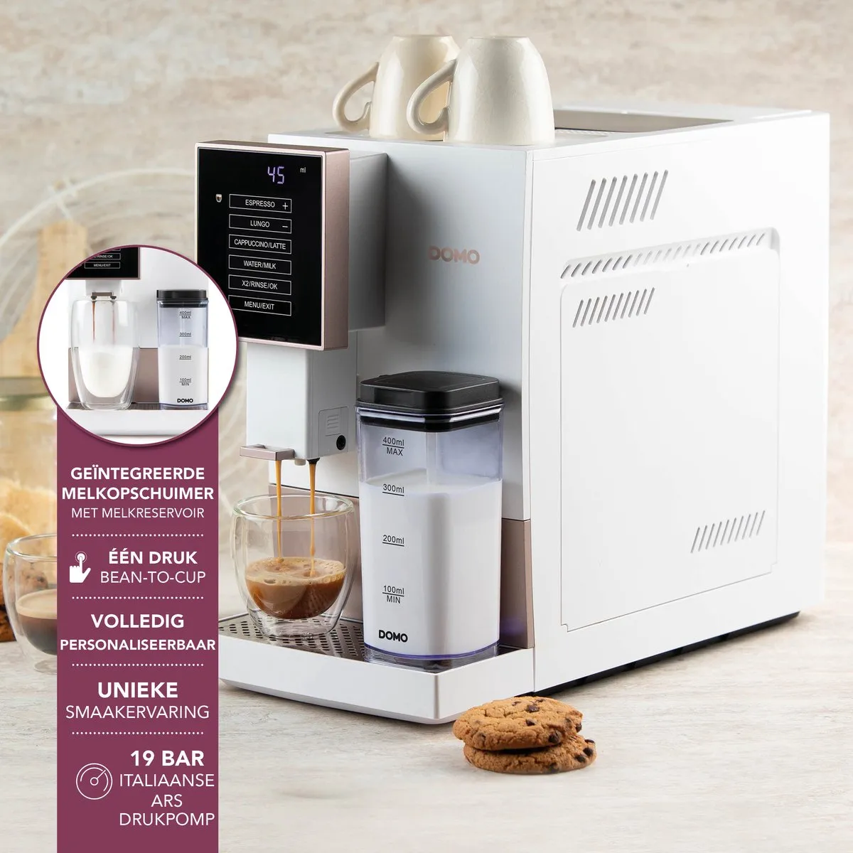 Domo DO742K Volautomatische Espressomachine - 4 Koffiesoorten - 19 Bar - Wit
