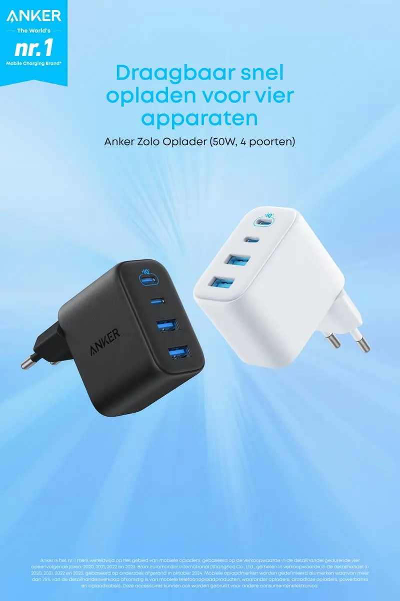 Anker Zolo A121EG11 Wired Charger 50W - 2C2A - o.a. Samsung/Apple