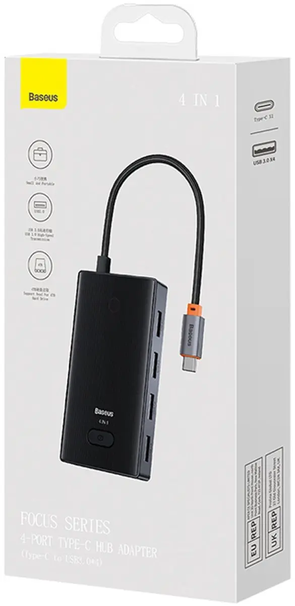 Baseus PioneerJoy USB-C Hub - 4x USB-A 3.0 - Grijs