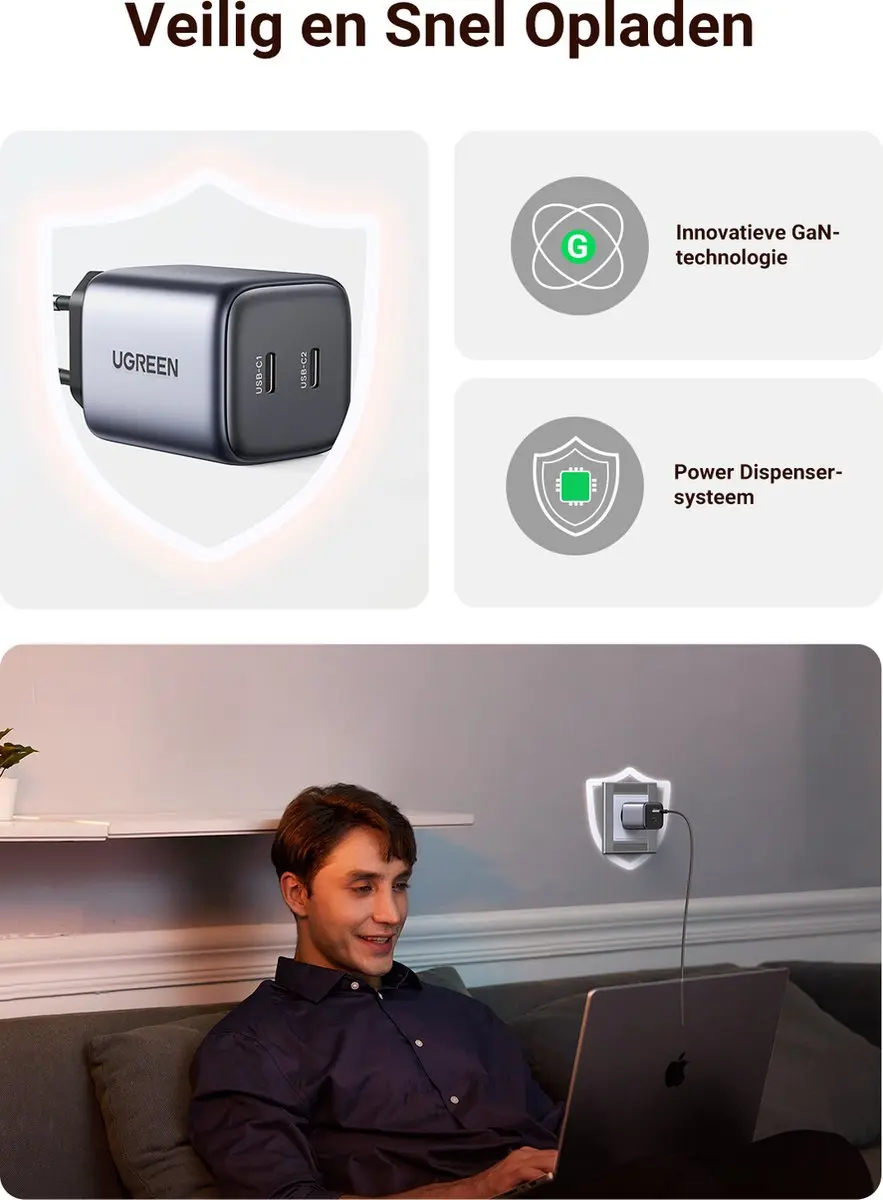 UGREEN Nexode 45W PD USB-C Snellader 90573 - 2x USB-C - Grijs