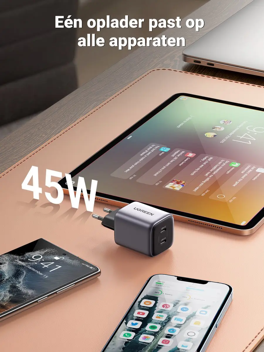 UGREEN Nexode 45W PD USB-C Snellader 90573 - 2x USB-C - Grijs
