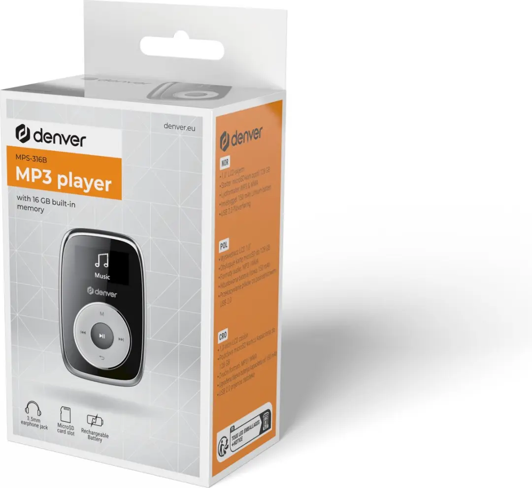 Denver MPS316 MP3 Speler - 16GB - Zwart - afbeelding 6 van 6