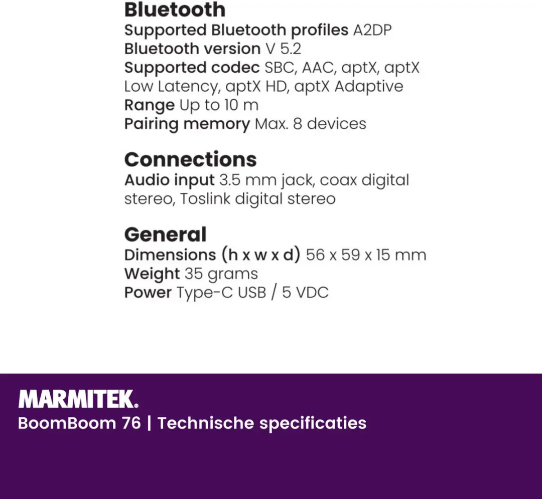 Marmitek BoomBoom 76 Bluetooth Receiver 25008473 - aptX - NFC