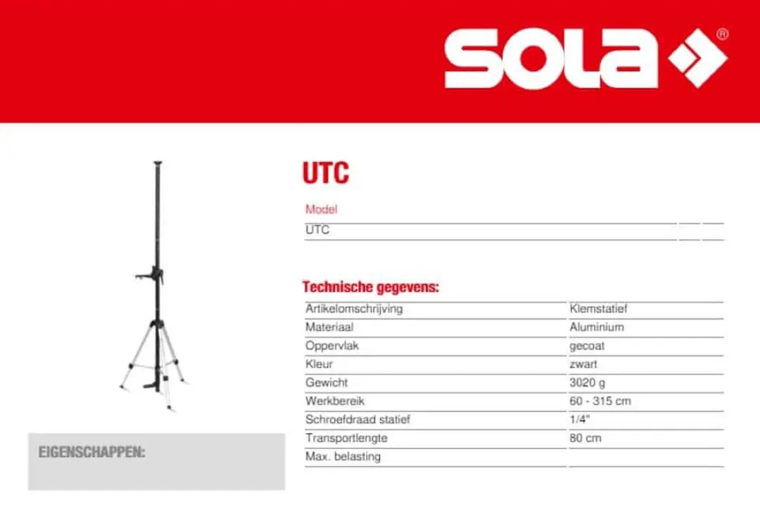 Sola UTC Klemstatief 60-315cm - Zwart