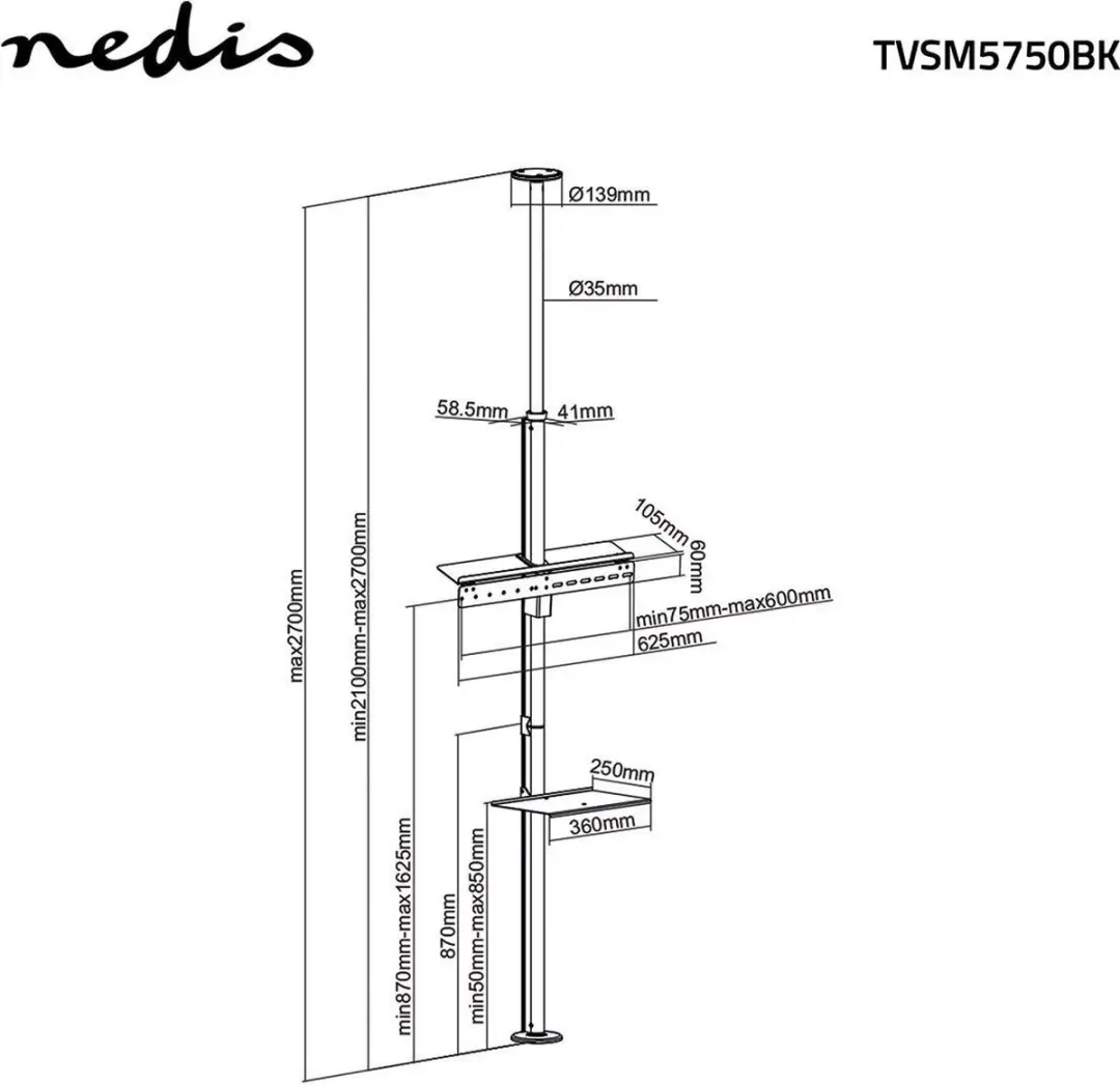 Nedis TVSM5750BK Draai- en Kantelbare TV-Standaard 70" - 30kg - Zilver/Zwart