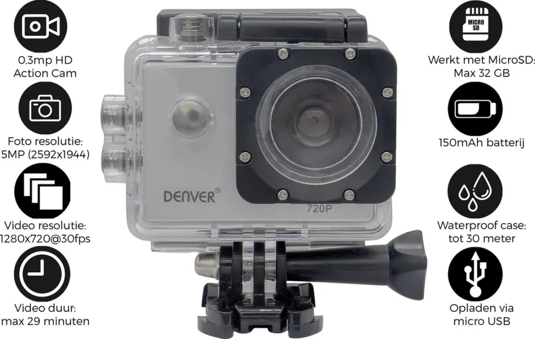 Denver ACT-320S Action Camera 5MP - Waterdicht - Zilver