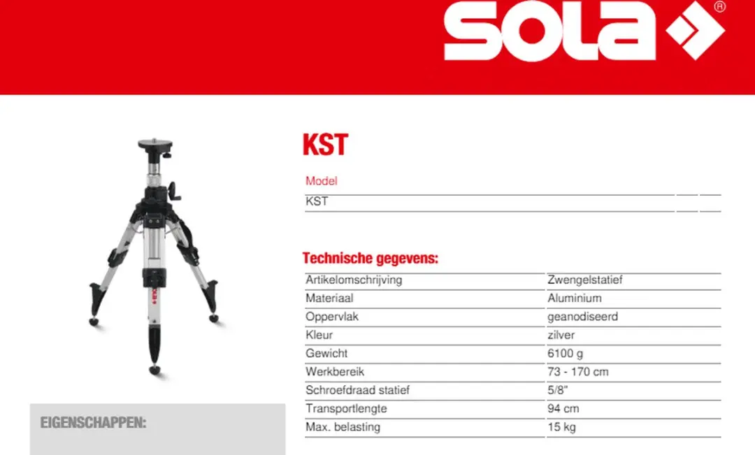 Sola KST Telescoopstatief 73-170cm 71121101 - 6.1kg - Aluminium/Zwart
