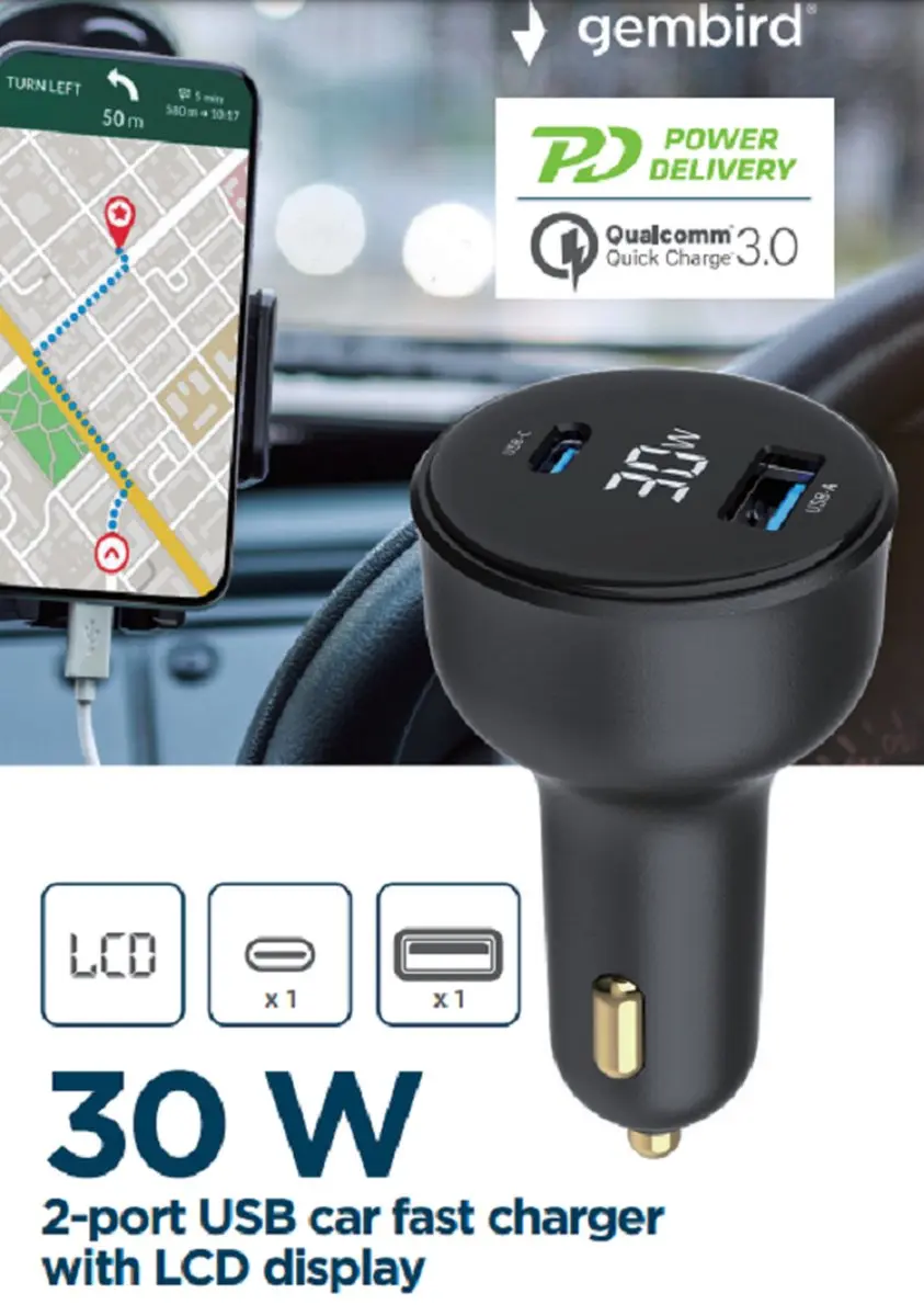 Gembird TA-UC-AC2PD30LCD-CAR Autolader - 30W - USB-C/USB-A - Zwart