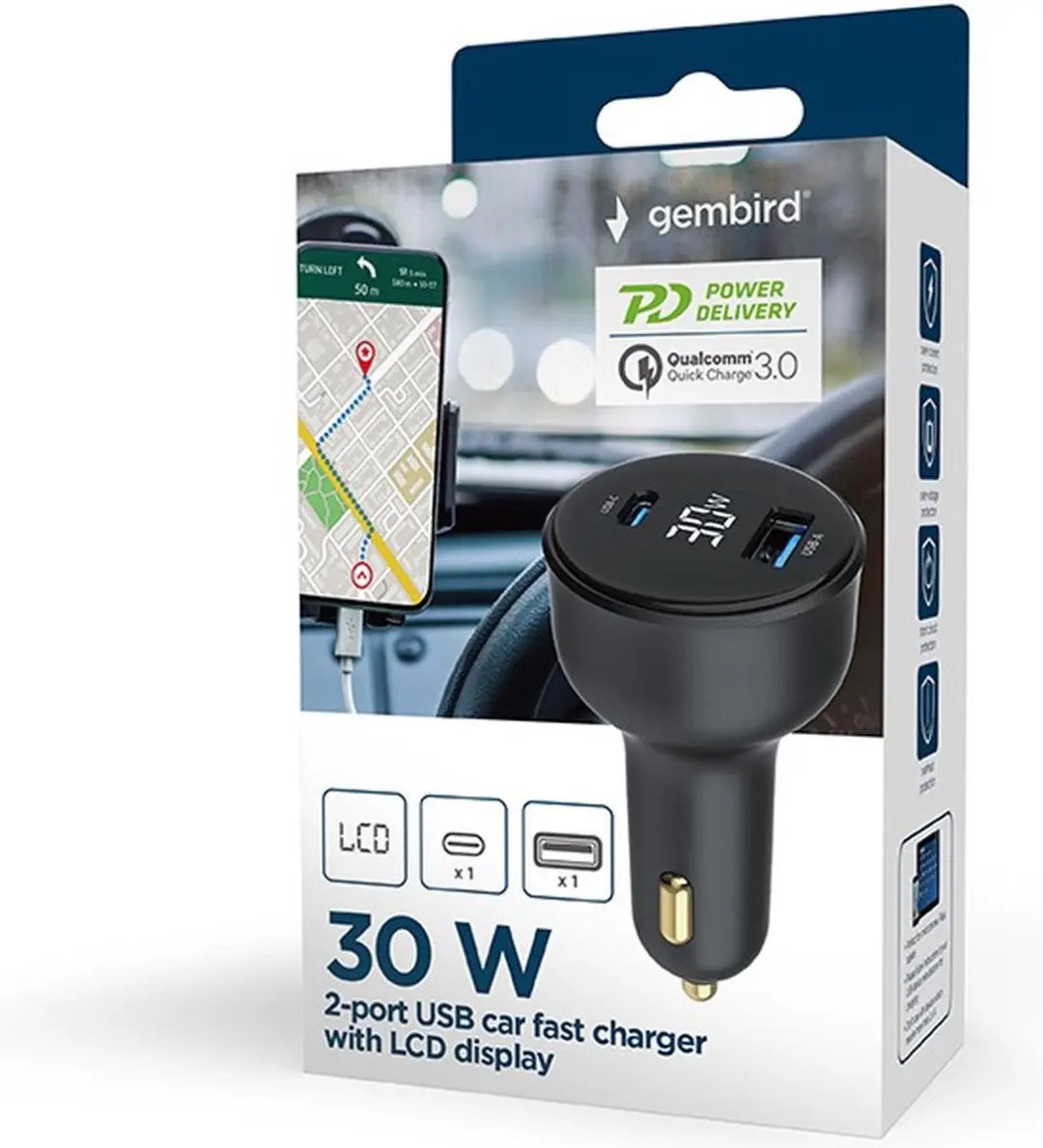 Gembird TA-UC-AC2PD30LCD-CAR Autolader - 30W - USB-C/USB-A - Zwart - afbeelding 6 van 6