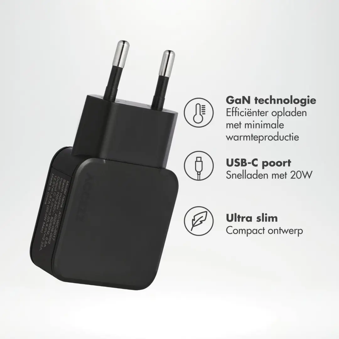 Accezz Ultra Slim GaN Oplader SH00091790 - 20W USB-C - 2 Poorten - Zwart