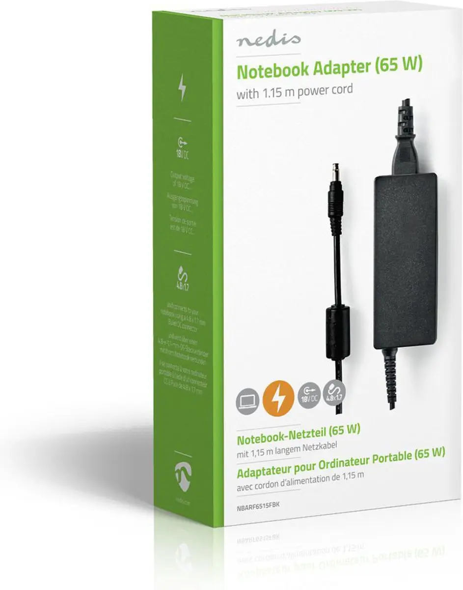 Nedis NBARF6515FBK Notebookadapter 65W - Type-F - Zwart - afbeelding 6 van 6