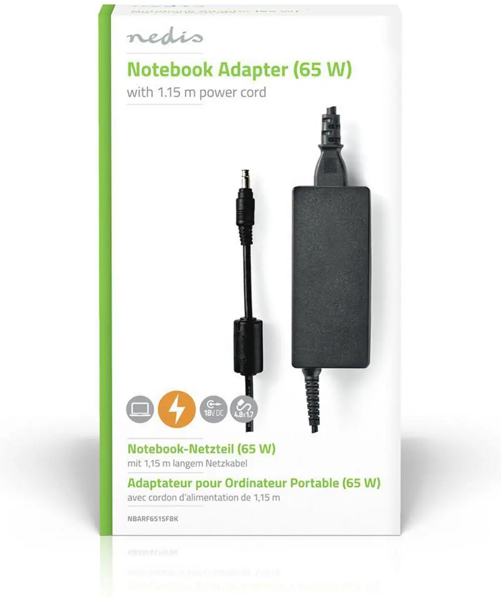Nedis NBARF6515FBK Notebookadapter 65W - Type-F - Zwart