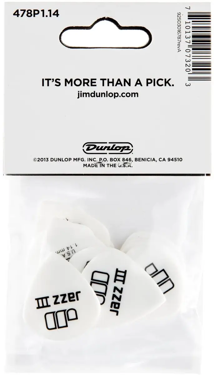 Dunlop Tortex White Jazz III Plectrum 1.14mm - 12 Stuks