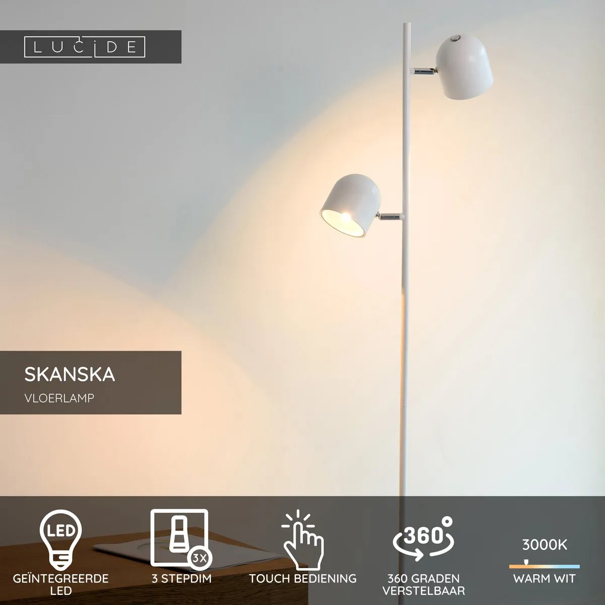 Lucide Skanska Vloerlamp LED 3 StepDim 2x5W 3000K - Wit