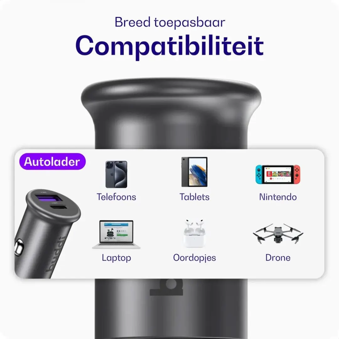 Buddi Power USB-C Autolader 45W - 2 Poorten - Zwart/Grijs