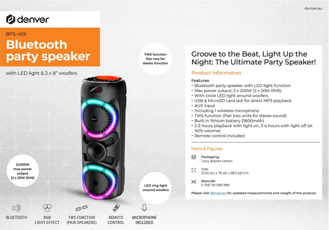 Denver BPS459 Bluetooth Partybox 400W - Zwart