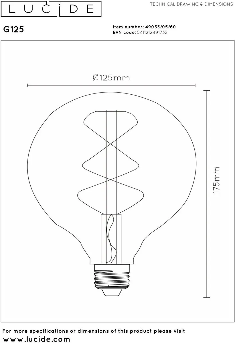 Lucide G125 LED Filamentlamp 4,9W E27 - Ø12,5cm Transparant