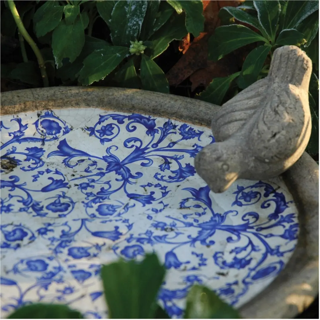 Esschert Design Keramiek Vogelbad Tafelmodel - 33,5x33,5x10,8cm - Grijs/Blauw