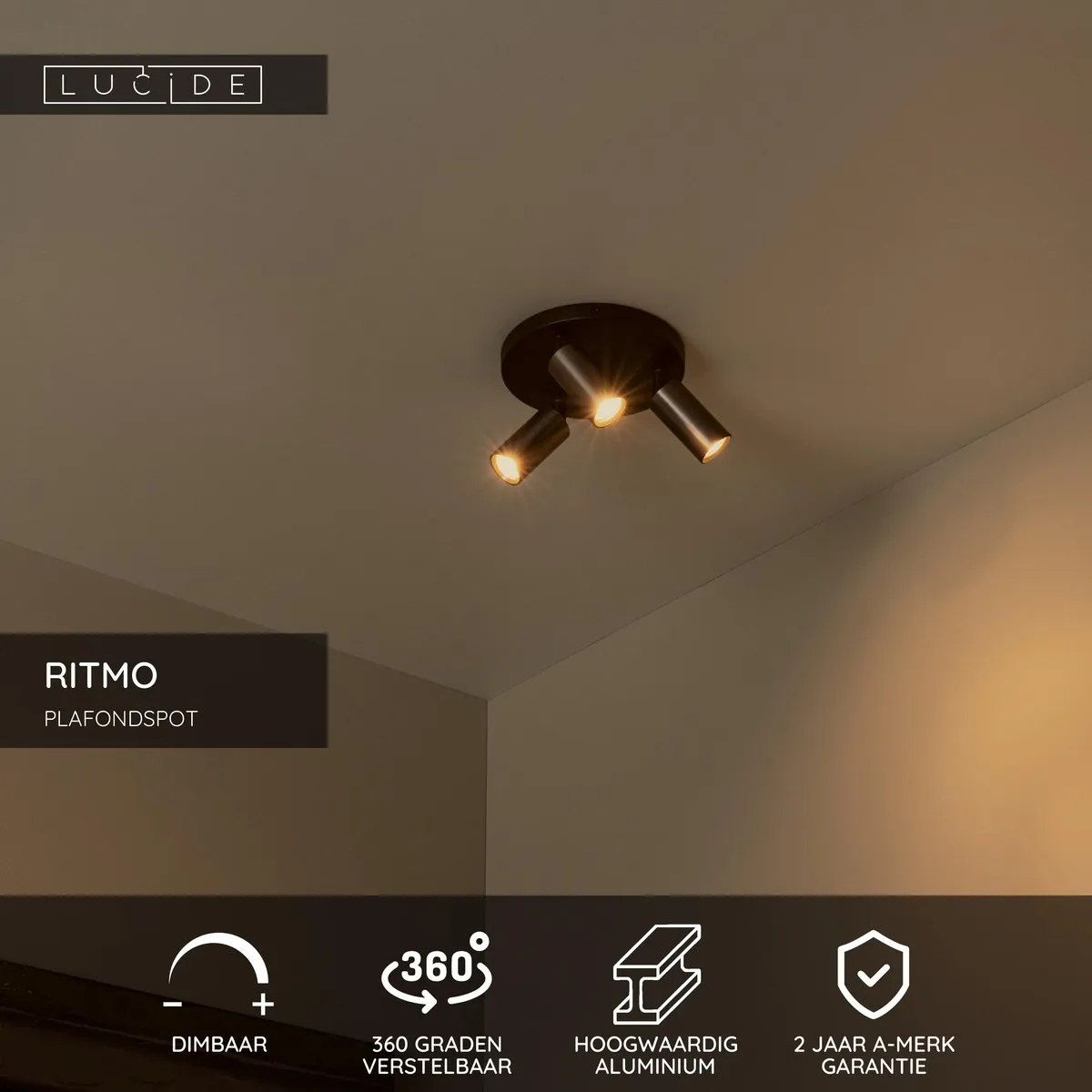 Lucide Ritmo Plafondspot Ø18cm - 3xGU10 Koffie