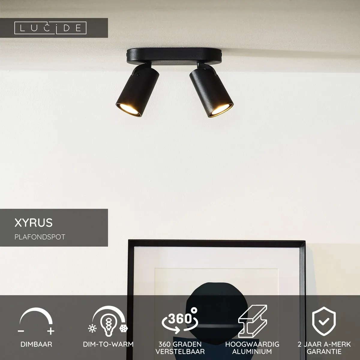 Lucide Xyrus Plafondspot LED Dim-to-Warm GU10 2x5W - Zwart