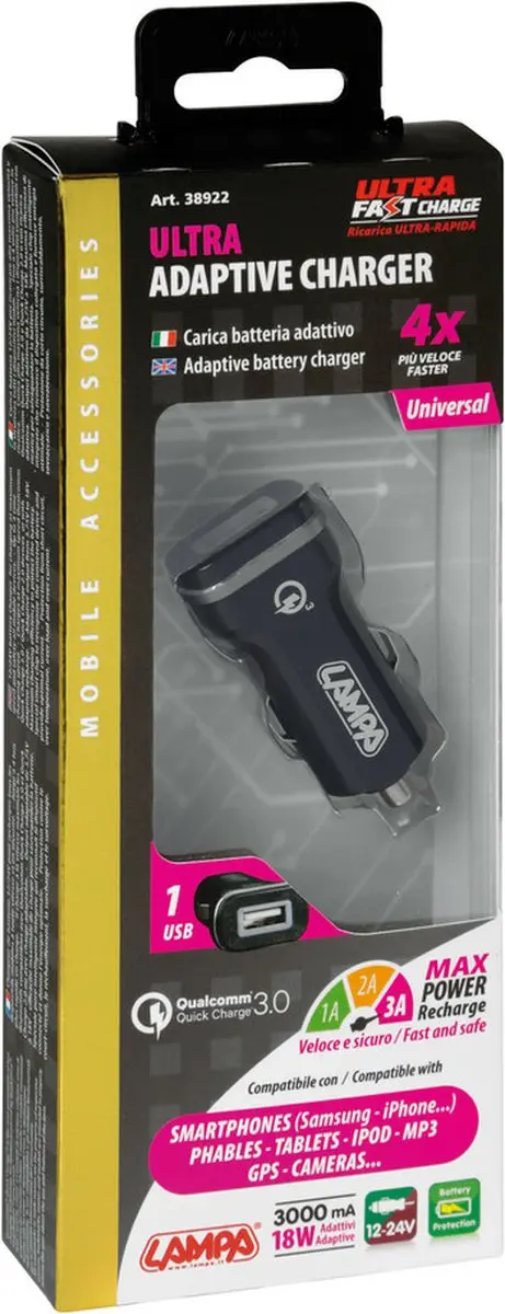 Lampa Autolader USB 1 Poort PD 18W - 12/24V - Zwart