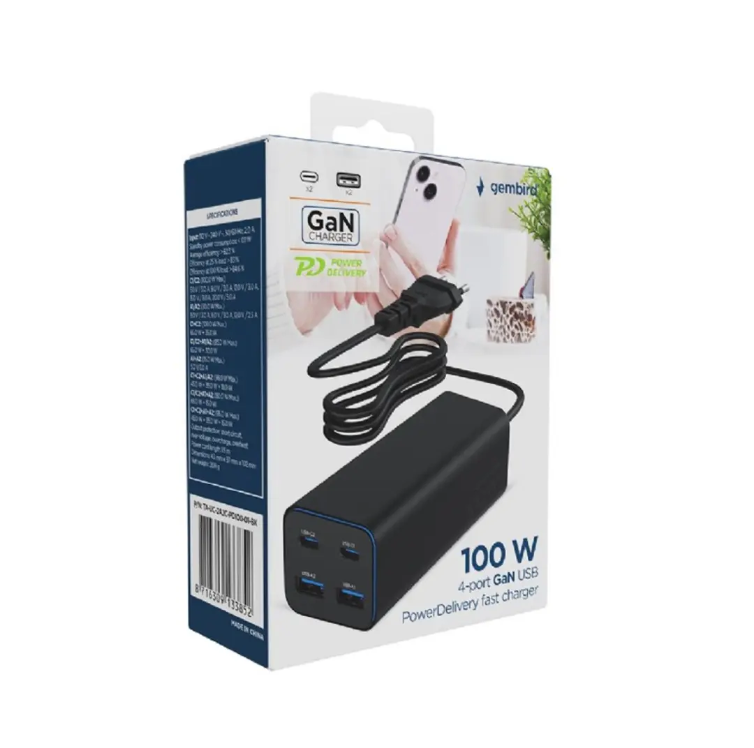 Gembird 100W GaN USB-C Oplader 4 Poorten - Zwart