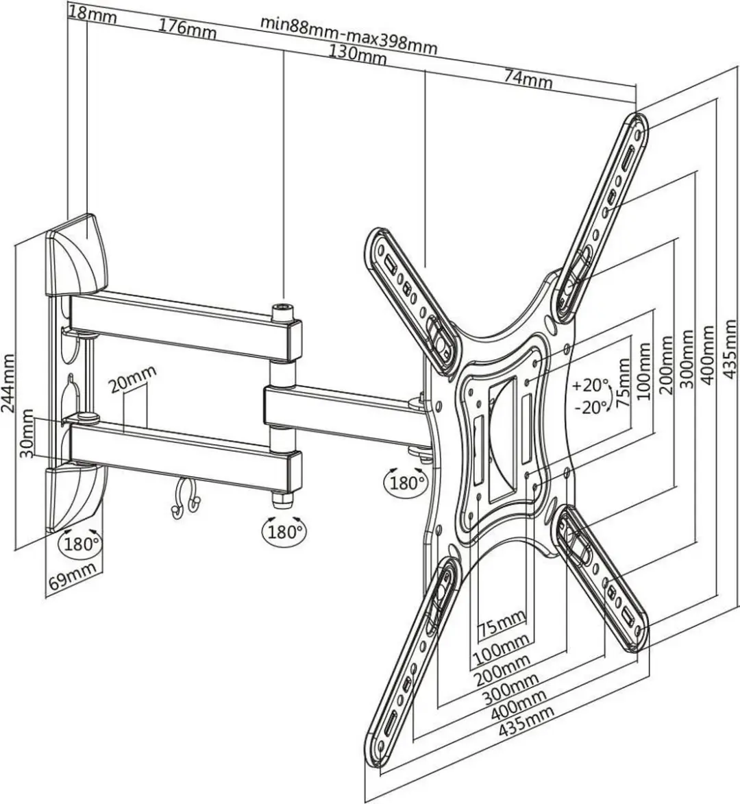 Deltaco ARM-0255 TV Beugel - Kantelbaar & Draaibaar 23-55" - 30kg - Zwart