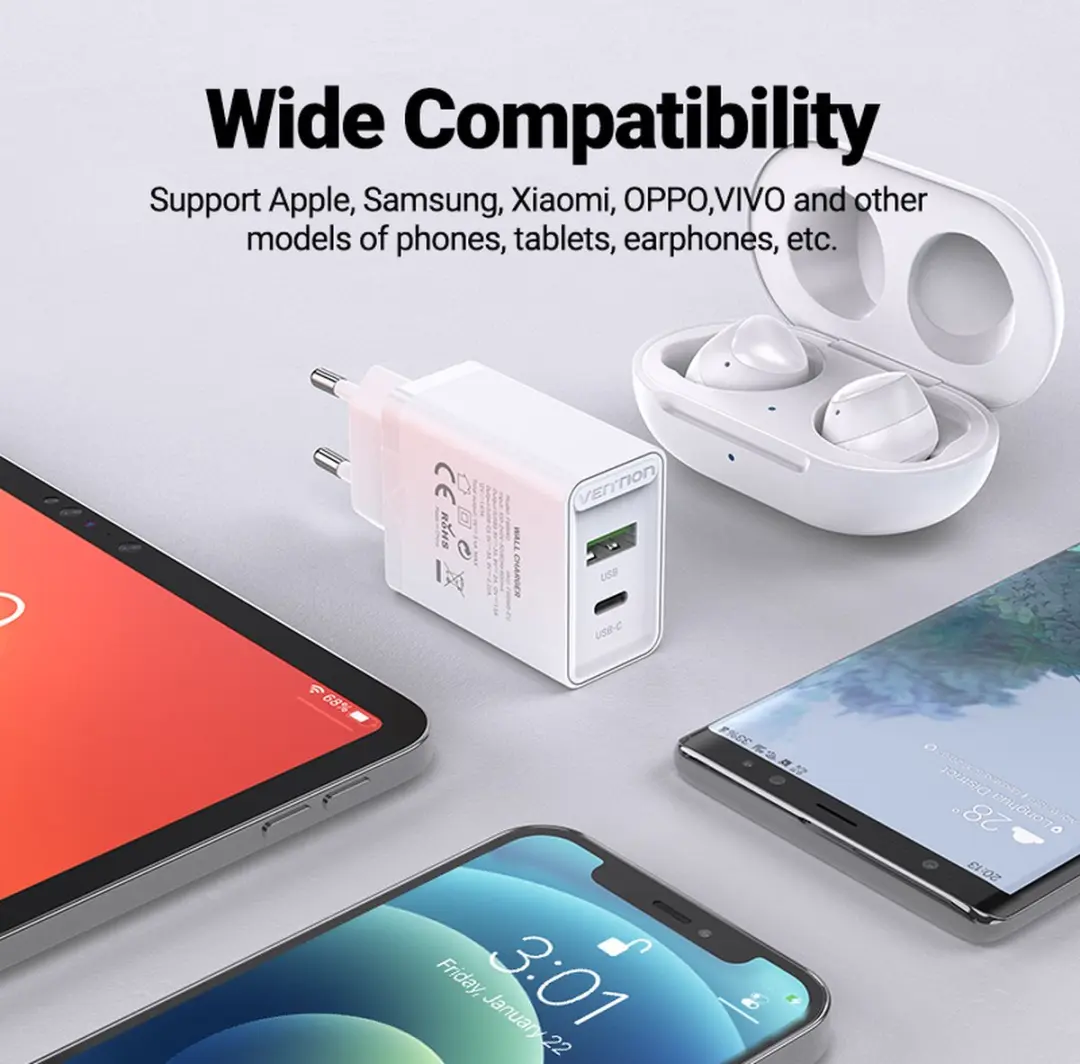 Vention FBBW0-EU 20W USB-C Snellader - Wit