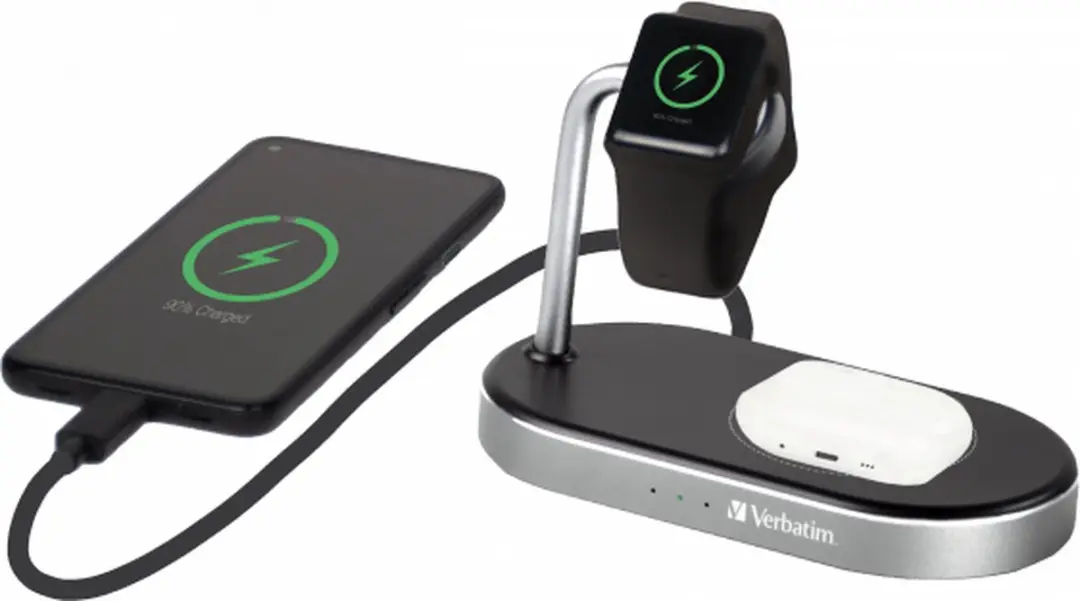 Verbatim WCS-02 3-in-1 Oplader - 44W - Apple Watch & Qi - Zwart/Silver
