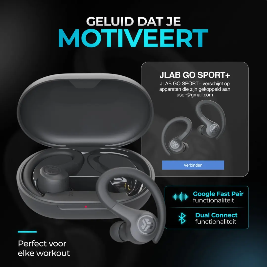 JLab Go Sport IEUEBGAIRSPRTRBLK124 Draadloze Oordopjes - 35u Batterij - IP55 - Zwart