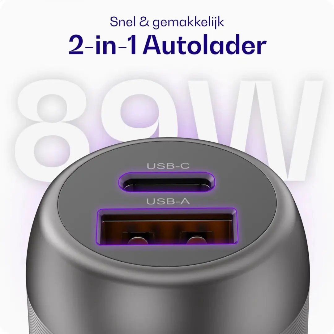 Buddi Power USB-C Autolader 89W - 2 Poorten - Auto