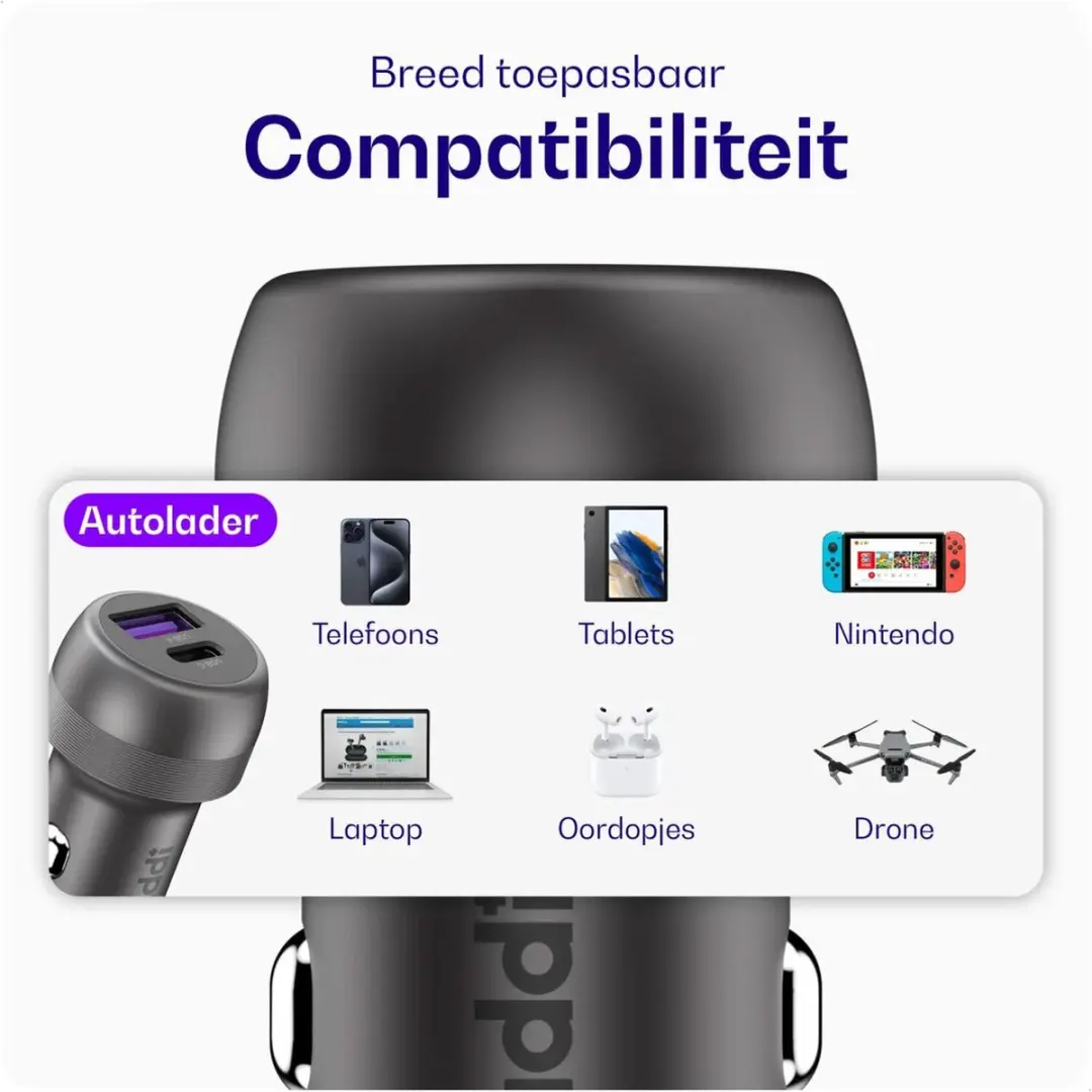 Buddi Power USB-C Autolader 89W - 2 Poorten - Auto
