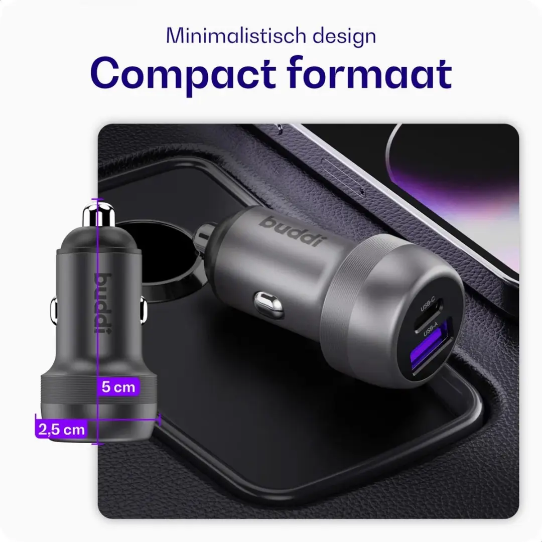 Buddi Power USB-C Autolader 89W - 2 Poorten - Auto