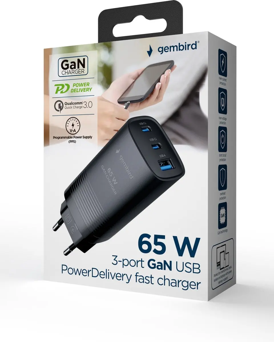Gembird 3-Poorts 67W GaN USB-C Snellader - Zwart - afbeelding 6 van 6