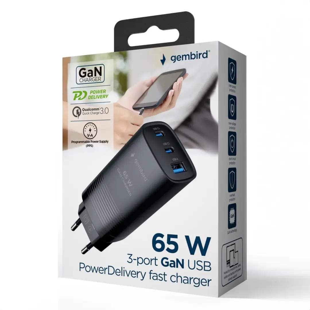 Gembird 3-Poorts 67W GaN USB-C Snellader - Zwart