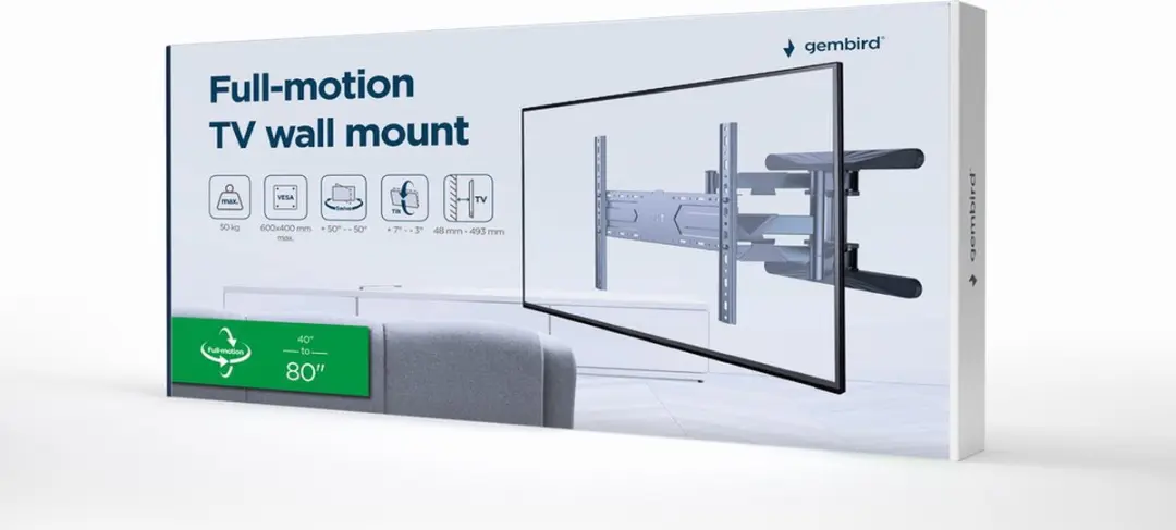 Gembird WM-80ST-01 TV-Muurbeugel 40-80" - Dubbele arm - 50 kg - Zwart