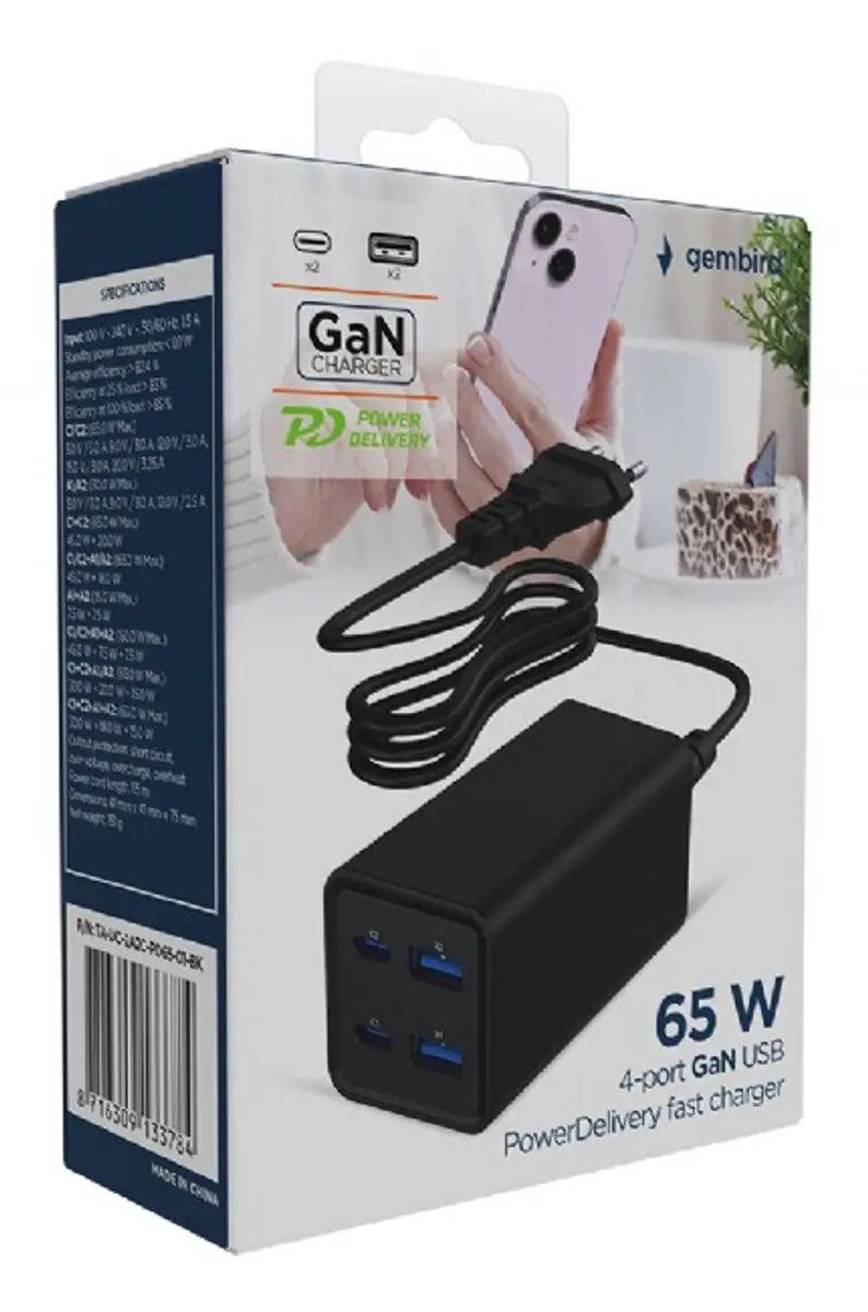 Gembird TA-UC-2A2C-PD65-01-BK USB-C Oplader 65W - 4 Poorten - Zwart