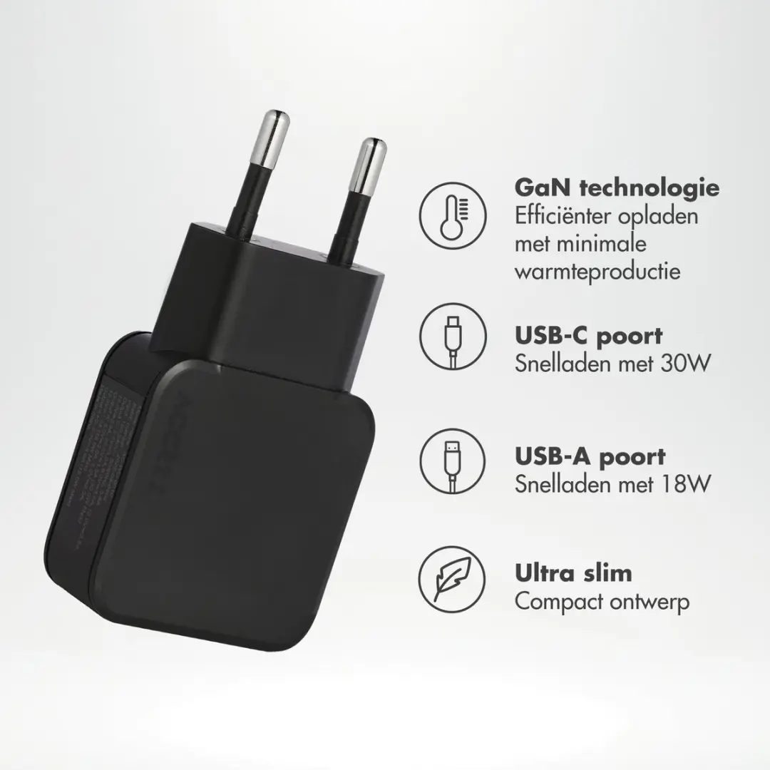 Accezz Ultra Slim GaN Oplader 30W - USB-C + USB-A - Zwart