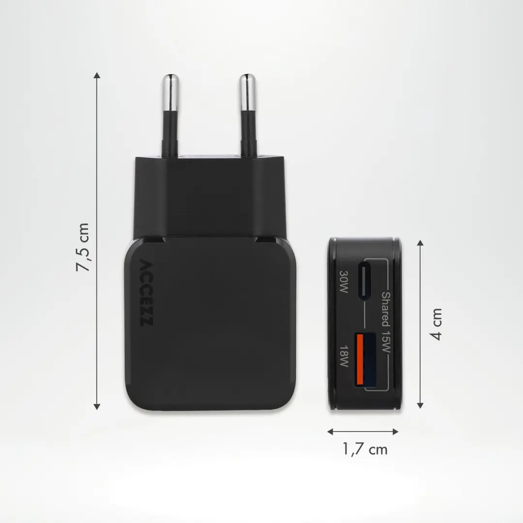 Accezz Ultra Slim GaN Oplader 30W - USB-C + USB-A - Zwart