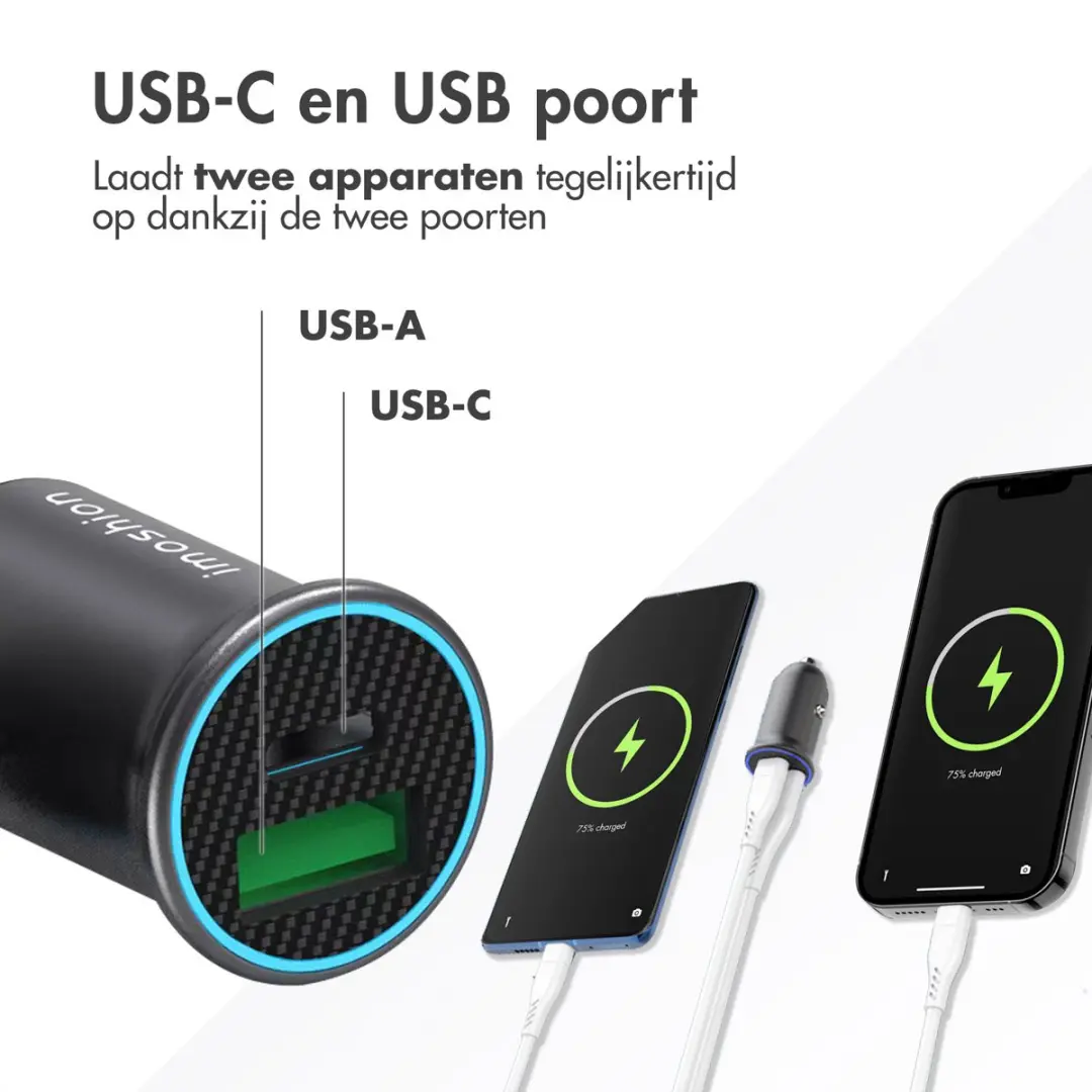 Imoshion SH00058376 Autolader - 60W USB C & USB A - Zwart