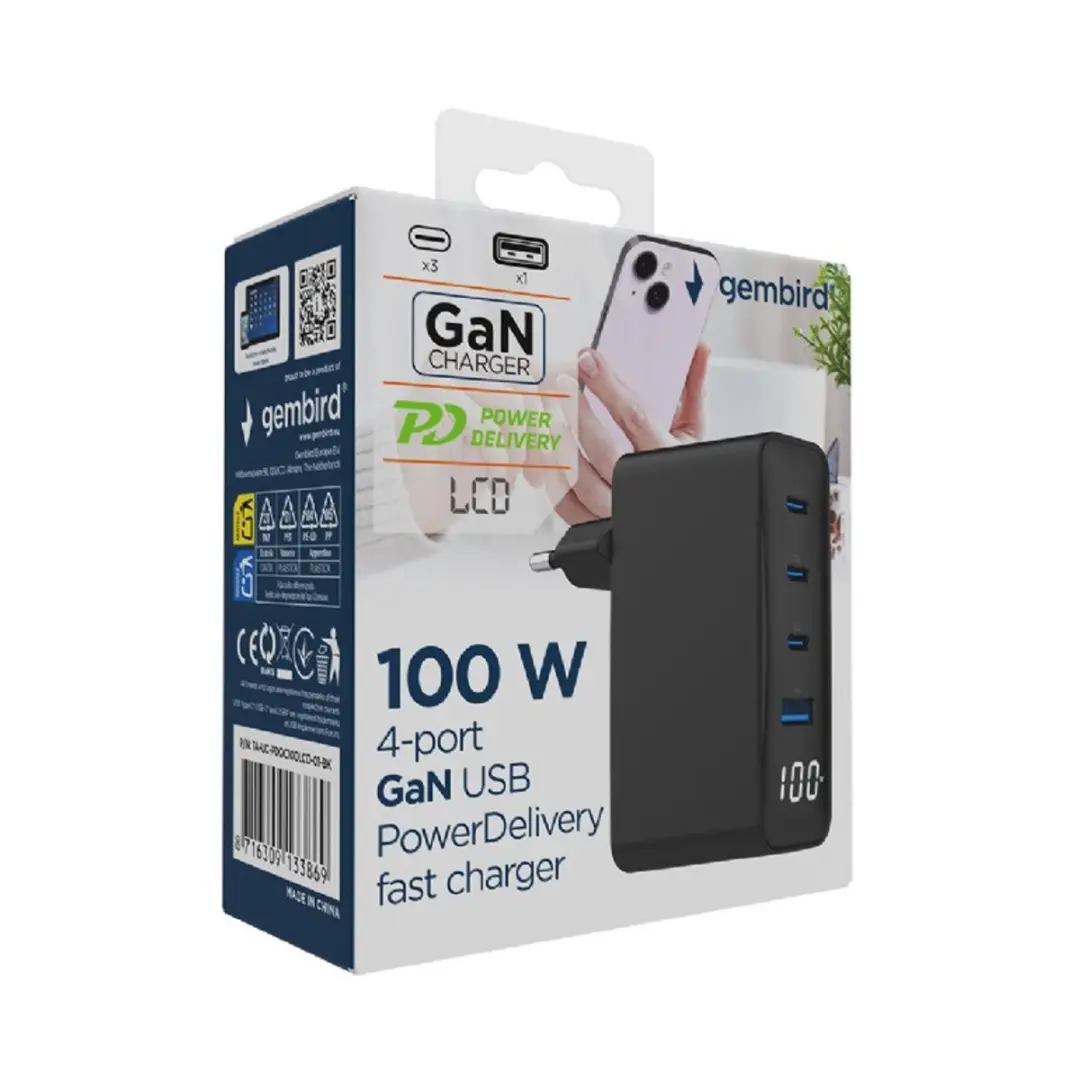 Gembird TA-UC-PDQC100LCD-01-BK USB Snellader 100W - 4 Poorten - Zwart