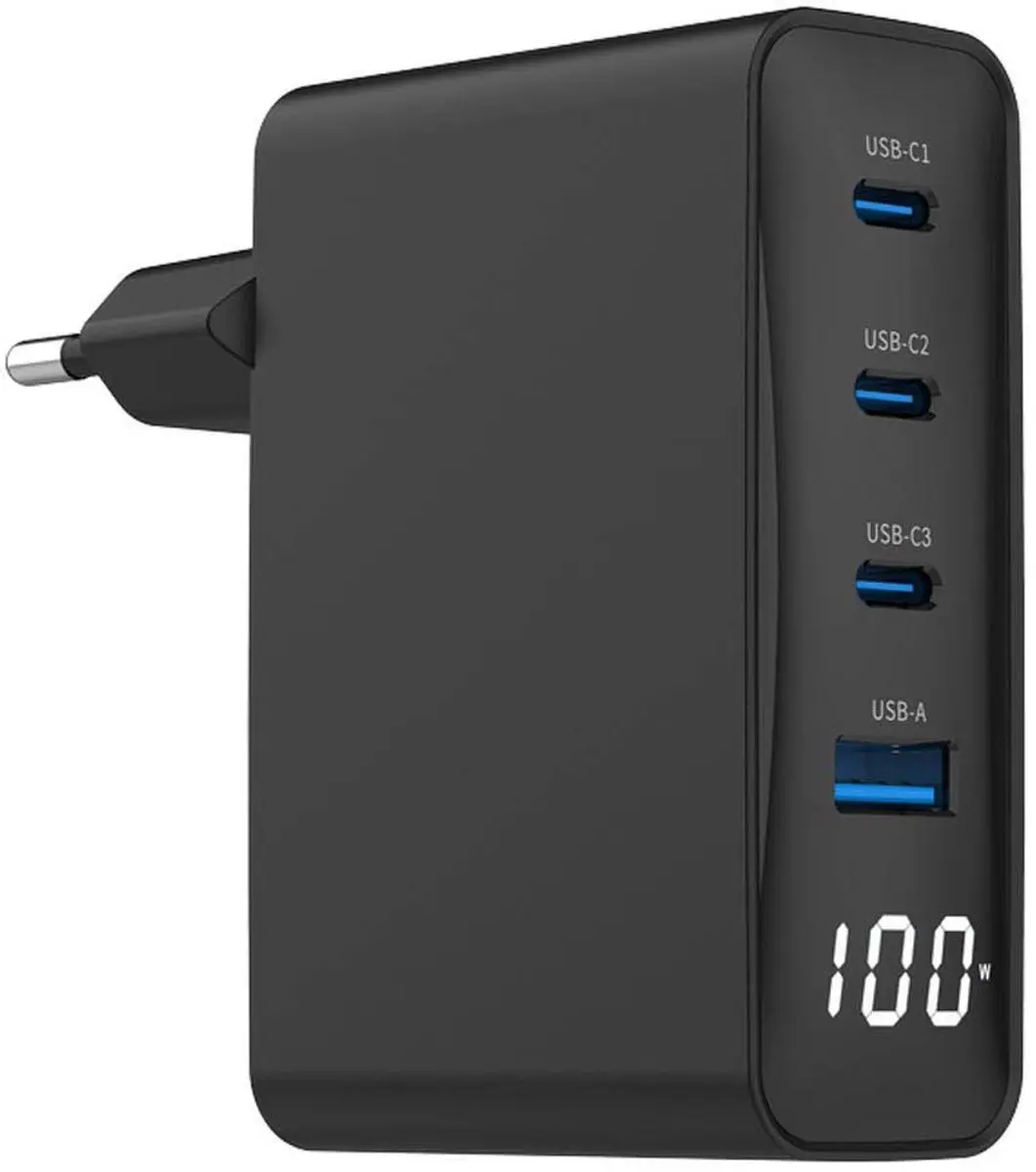 Gembird TA-UC-PDQC100LCD-01-BK USB Snellader 100W - 4 Poorten - Zwart