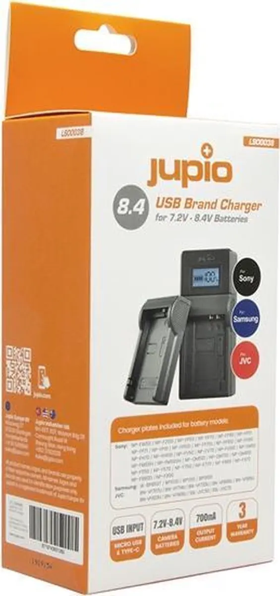Jupio LSO0038V2 USB Brand Charger Kit - Camera - Panasonic/o.a. JVC/Samsung/Sony