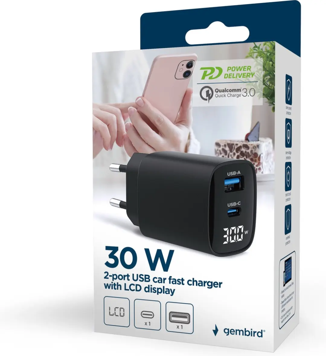 Gembird TA-UC-PDQC30LCD-BK-01 USB Snellader 30W - 2 Poorten Zwart