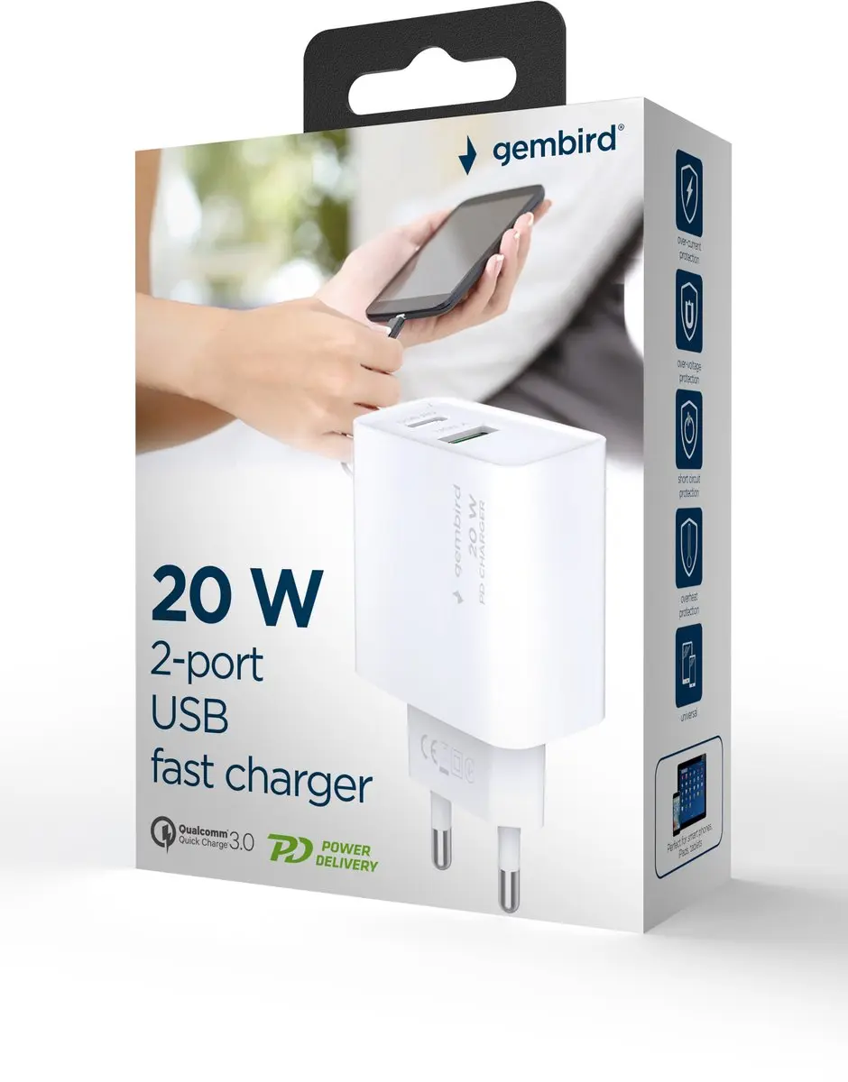 Gembird USB Snellader 20W - 2 Poorten USB-C/A - Wit - afbeelding 6 van 6