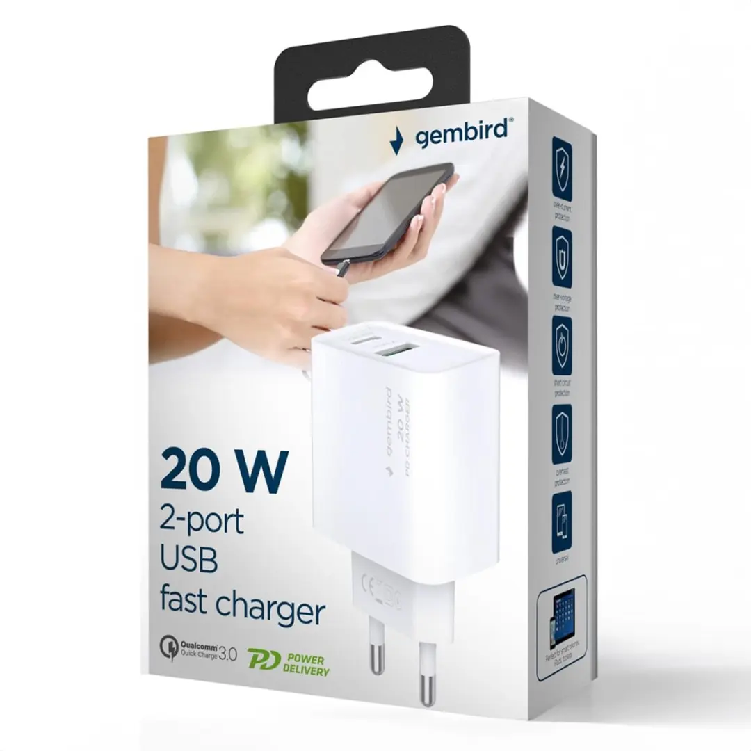 Gembird USB Snellader 20W - 2 Poorten USB-C/A - Wit